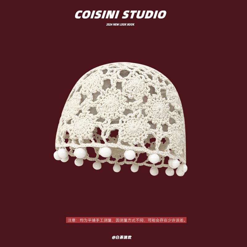 Handmade Knit Artistic Hat With Decorative Pearls And Bright Floral Patterns For Outfits Spring