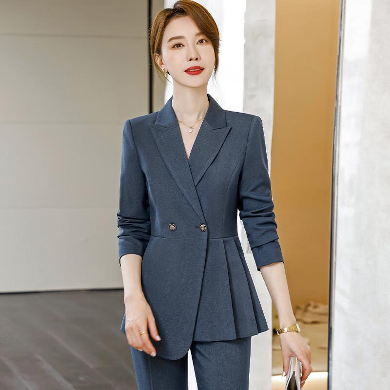 Женский серо-голубой асимметричный костюм-двойка с рюшами L