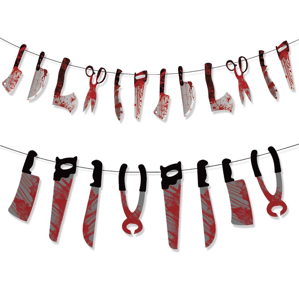 Halloween Decoration Blood Knife String Pulling Flag Blood Handprint Latte Knife Banner Paper Cake Insert Customization