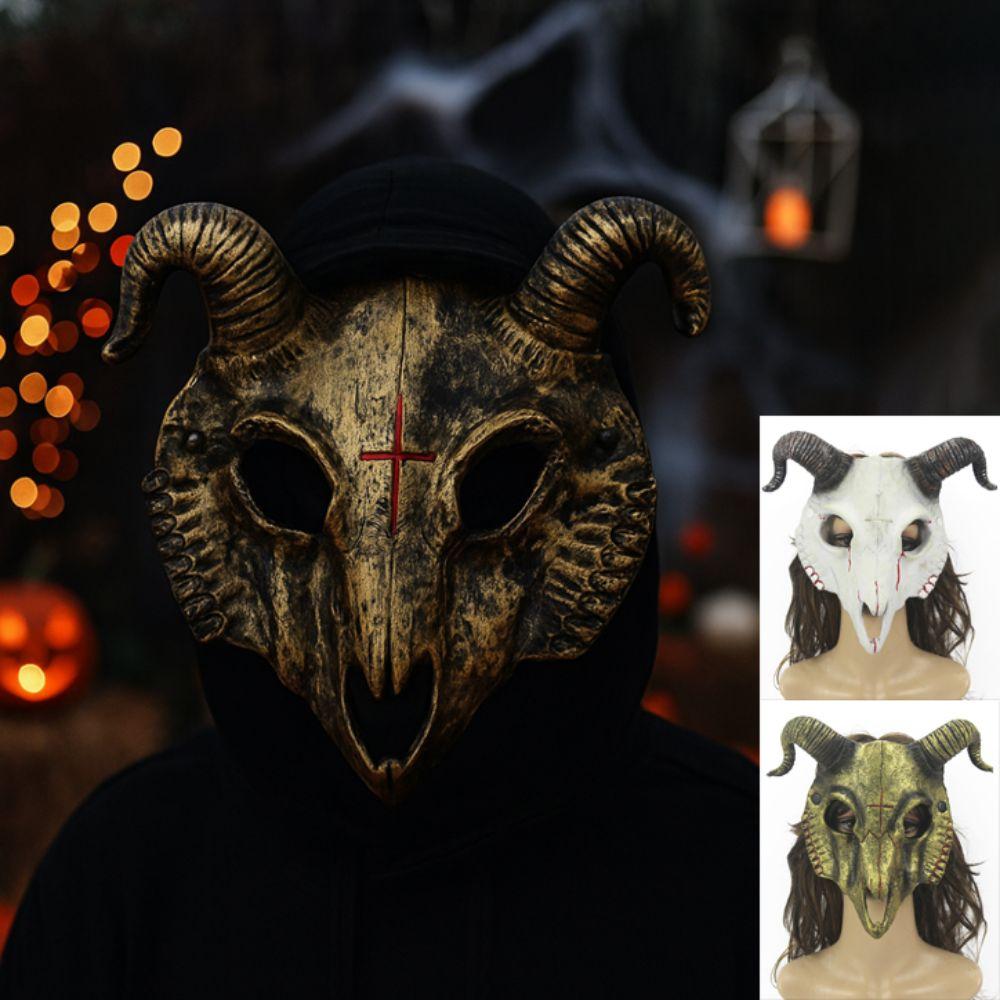 Antelope Halloween Mask PU Leather Goat Horn Mask Gothic Halloween Bloody Skull Mask Costume Props