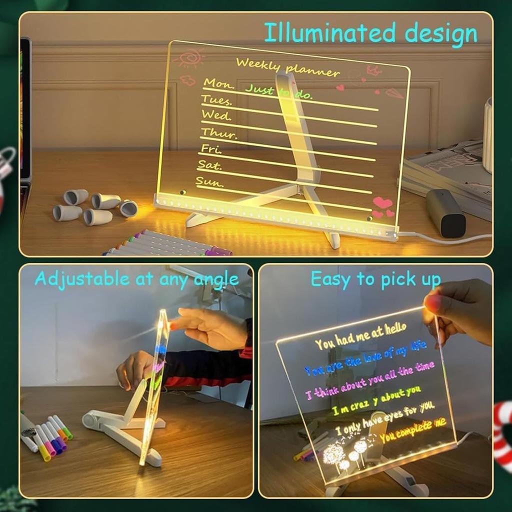 2025 New LED Note Board with Color Light Up Acrylic Message Board Illuminated Acrylic Dry Erase Notepad with Adjustable Stand and 7 Colors Pen for