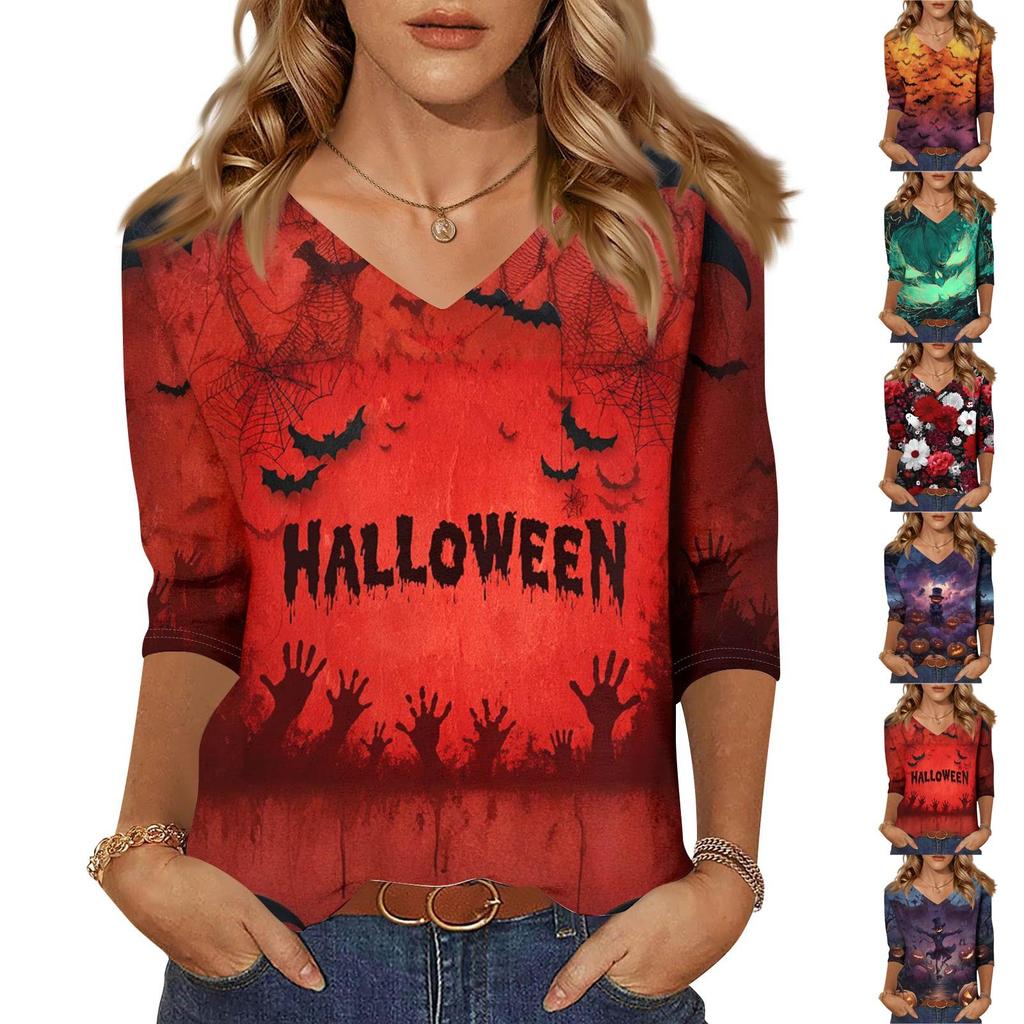 Damenoberteile Dreiviertelarmhemd V-Ausschnitt Lockeres Freizeitshirt Druck T-Shirt