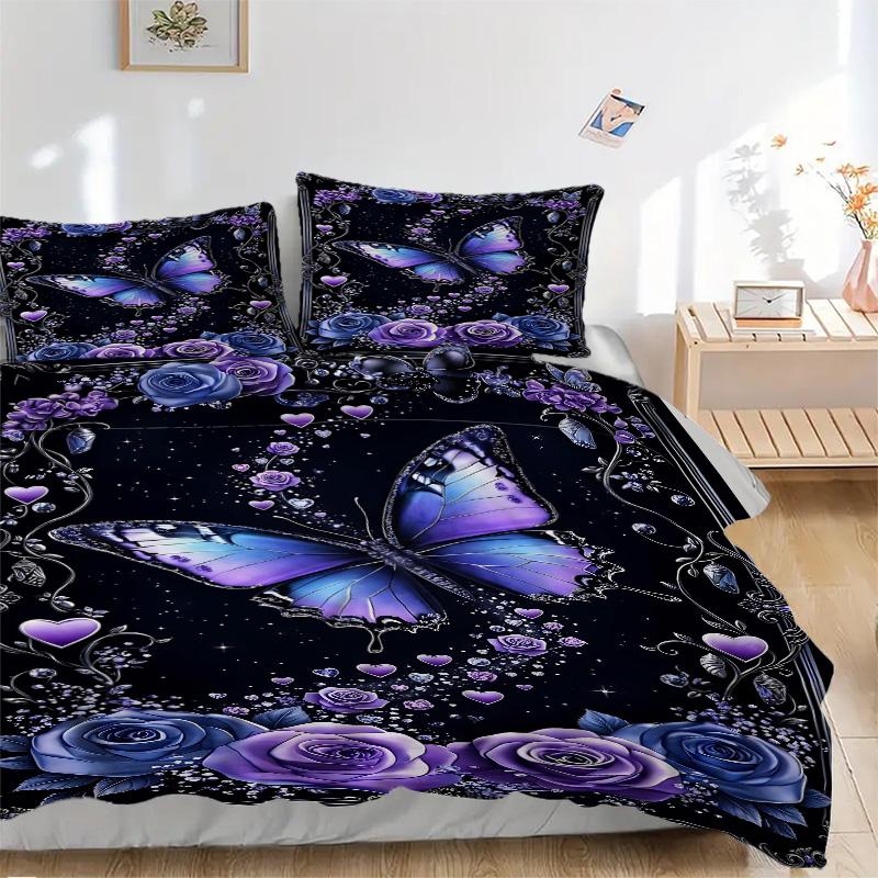 Purple Butterfly Roses Print 3Pcs Bedding Setduvet Cover With 2 Bedropillowcase Home Birthday Gift