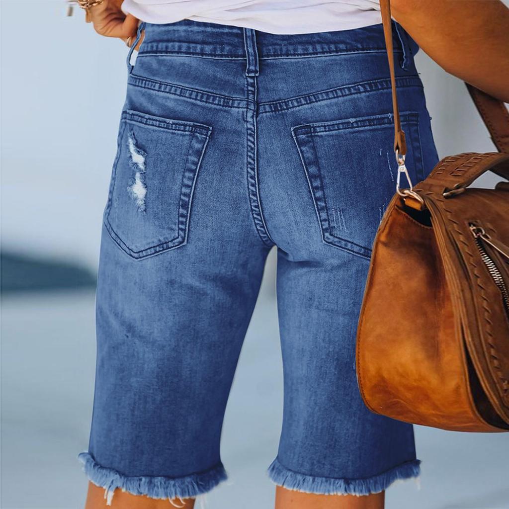 Plus Size Summer Denim Shorts Women Rhinestone Mid Waist Ripped Frayed Hem Tessles Stretchy Jean Shorts Women's Summer Shorts