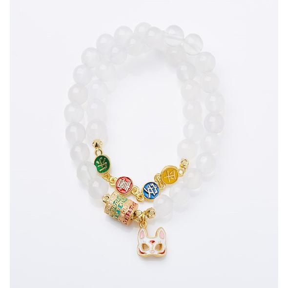 Yongxiang-style Beijing Incense Ash Glass Bracelet with Pink Porcelain Nine-tailed Fox and Gold Foil, Good Luck Bracelet, Gift for Best Friends