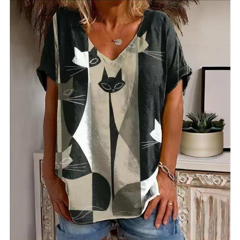 Nadměrné tričko Plus Size pro ženy: 3D rozkošná kočka, výstřih do V, letní módní streetwear, prodyšné, ležérní