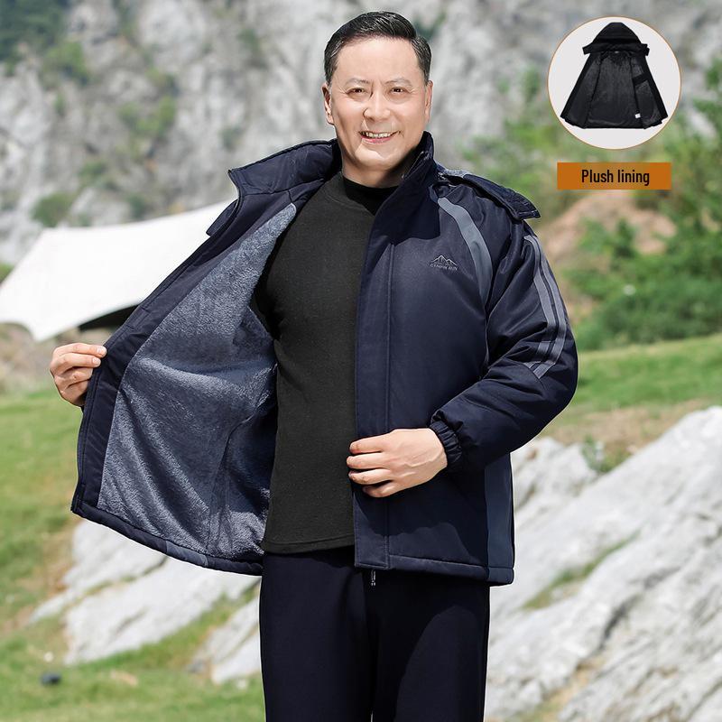 

Мужское зимнее хлопковое пальто на флисовой подкладке со съемным капюшоном - Толстая теплая верхняя одежда для мужчин среднего и пожилого возраста M темно-синий