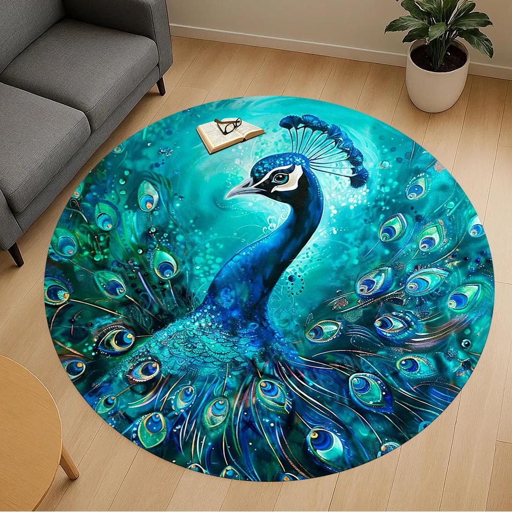 1PC Peacock Feathers Office Round Area Rug, Under Office Chairs Bedroom Living Room Home Decor, Carpet for Office -1110001
