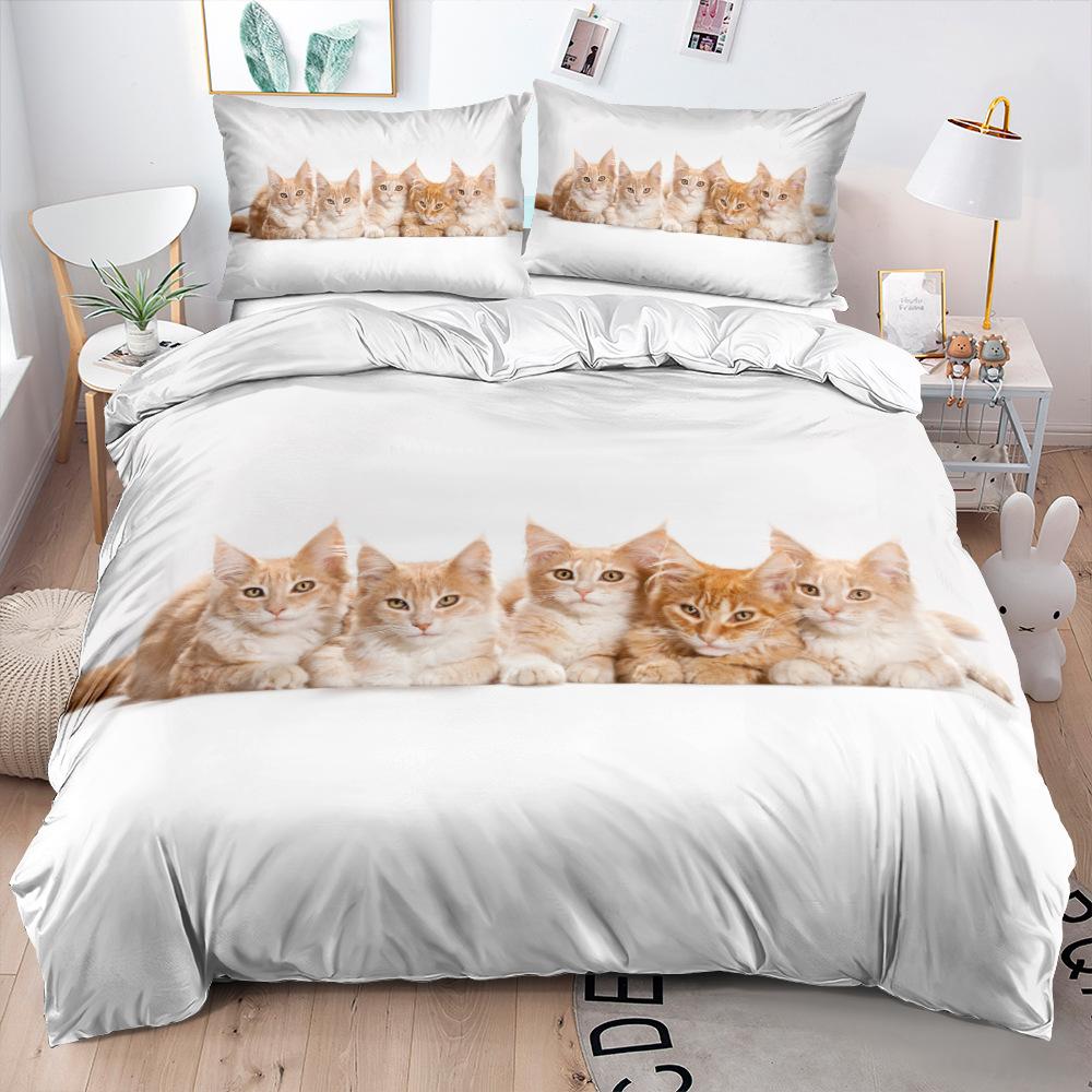 3D Animal Bedding Set Cat Down Duvet Cover Pillowcase 2/3pc Soft Quick Drying Home Textile Single Double Bed All Sizes