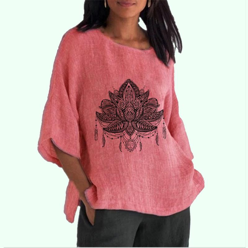 

Женская мода больших размеров, топ с длинным рукавом 3/4, хлопково-льняные блузки с круглым вырезом, женская повседневная летняя и осенняя тонкая длинная рубашка с принтом S розовый