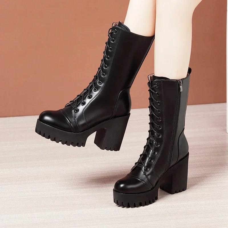 Fashion 10cm Small Size 32-43 Fall Winter Genuine Leather Boots Platform Shoes Womens Block High Heels Mid Leg Boots Office Model