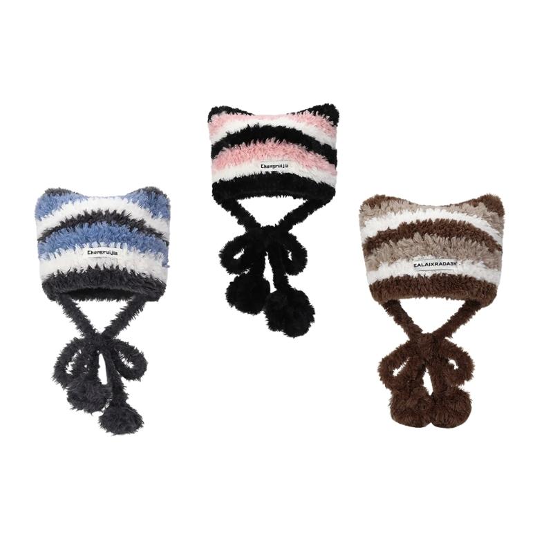 Halloween Cat Ear Hat Knit Y2K Beanie Hat Striped Party Holiday Winter Warm Hat Beanie Theme for Teens