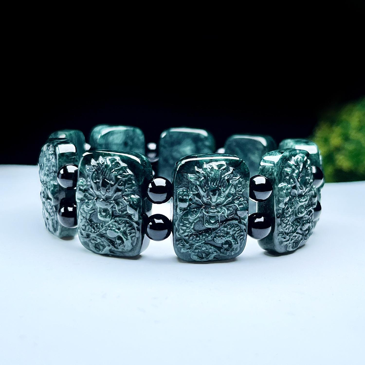 Dark Green Zodiac Dragon Jade Bracelet with Nine Dragon Pendant - Natural A Grade Sihui Jade Jewelry