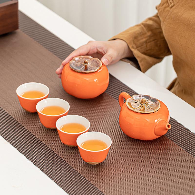 Set da Tè Cachi Teiera in Ceramica con Tazze Forma Fortunata Scatola Regalo per Matrimonio Cinese Capodanno Decorazione per la Casa