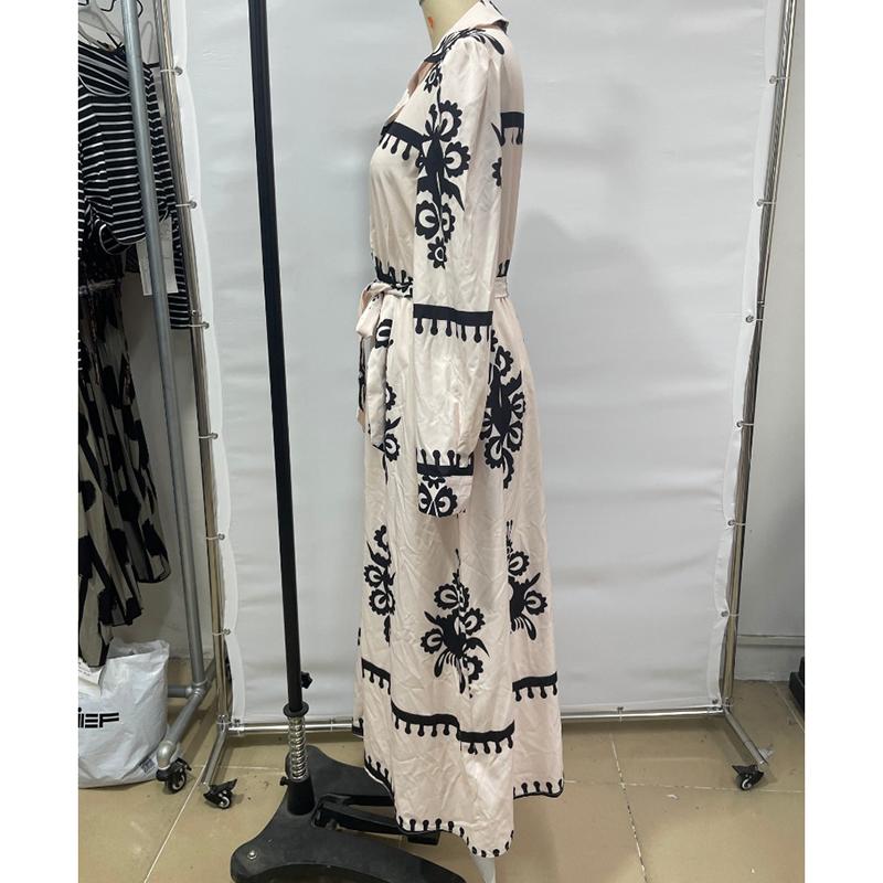 Mote Vintage Langermet Løse Hverdagskjoler Dame Knapper Revers A-linje Trykket Skjortekjole Dame Høy midje Snøring Lang Kjole Vår Ny 25892