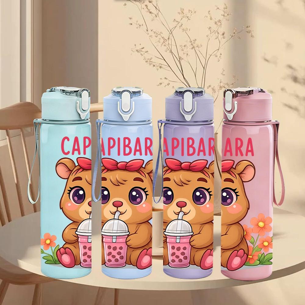 1PC Cute Capybara Drink Coffee Pattern 750ml Color Plastic Sports Water Bottle Leakproof Flip Straw Lid Suitable for Sports Office Home Use