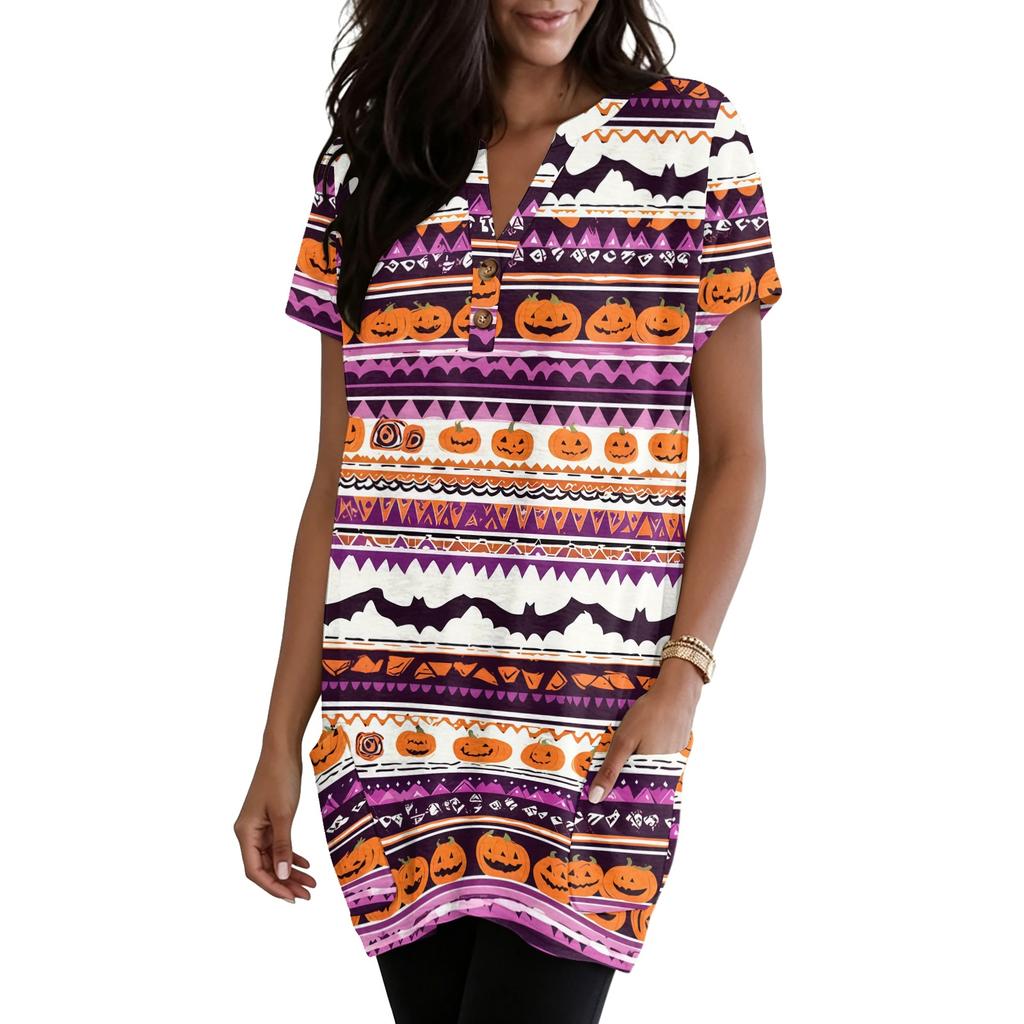 Women's V Neck Halloween Print Short Sleeve Pullover Dress with Pocket Casual Loose Fit Tunic Dress for Daily Wear