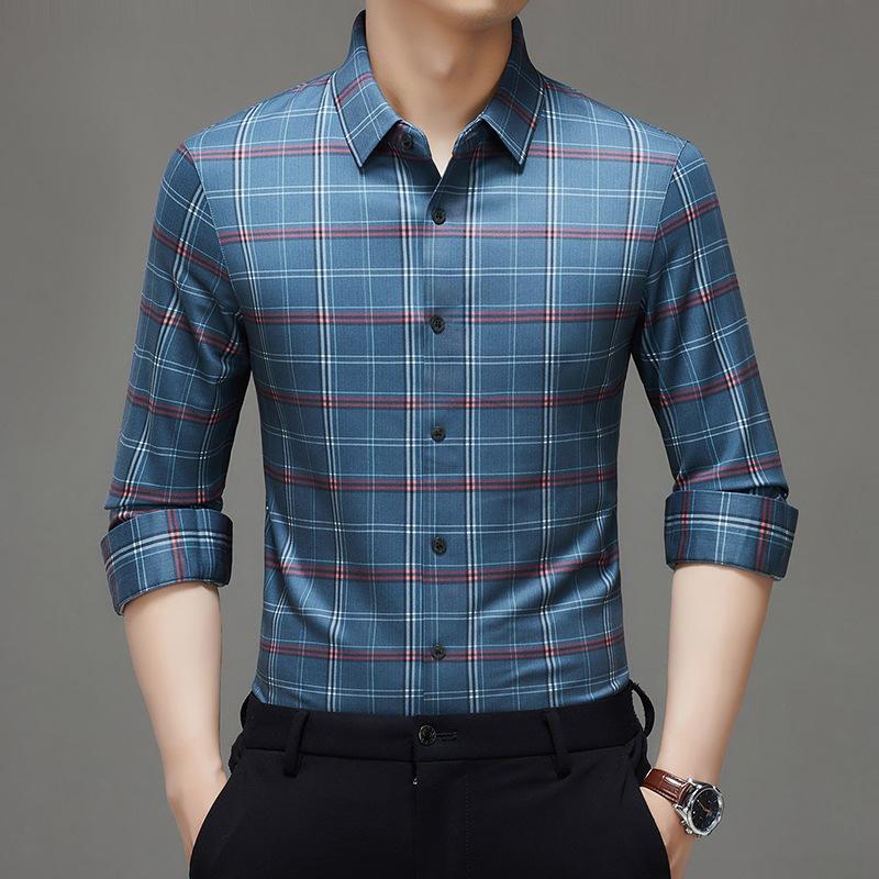 Spring and Autumn New Traceless Bamboo Fiber Inch Shirt Men's Business Striped Shirt Men's Long Sleeve Shirt