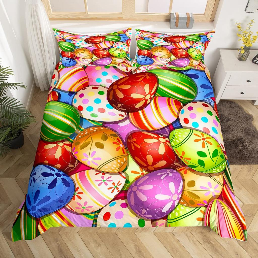 Watercolor Easter Eggs King Queen Bedding Set Happy Easter Themed Duvet Cover Toddlers Rainbow Easter Egg Polyester Quilt Cover