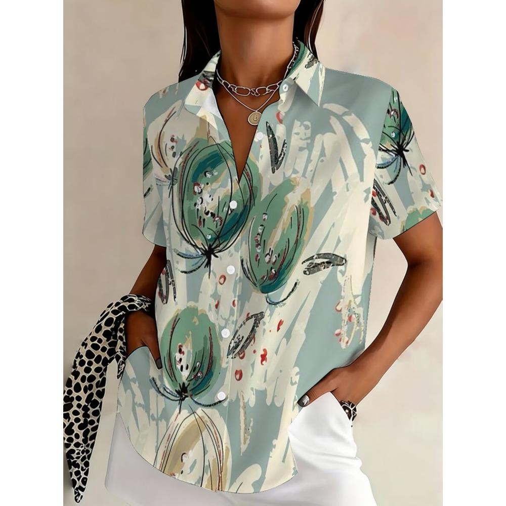 Camisa Minimalista de Verano con Estampado Digital Floral Camisa de Botones Superior para Vacaciones en la Playa Hawaiana Camisa Casual para Mujer