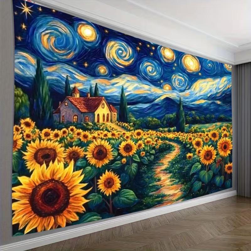 2D Van Gogh inspirierte Sternenhimmel Sonnenblumen Wandteppich für Boho & Künstlerische Heimdekoration
