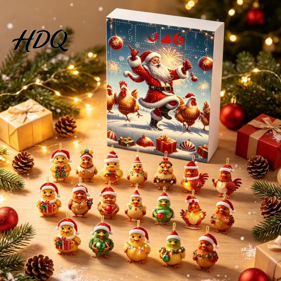 Acrylic Hanging Decorations Chicken Advent Calendar 2026 24 Days Christmas Countdown with 2D Flat Ornament Set Ornament Cartoon Pendant for