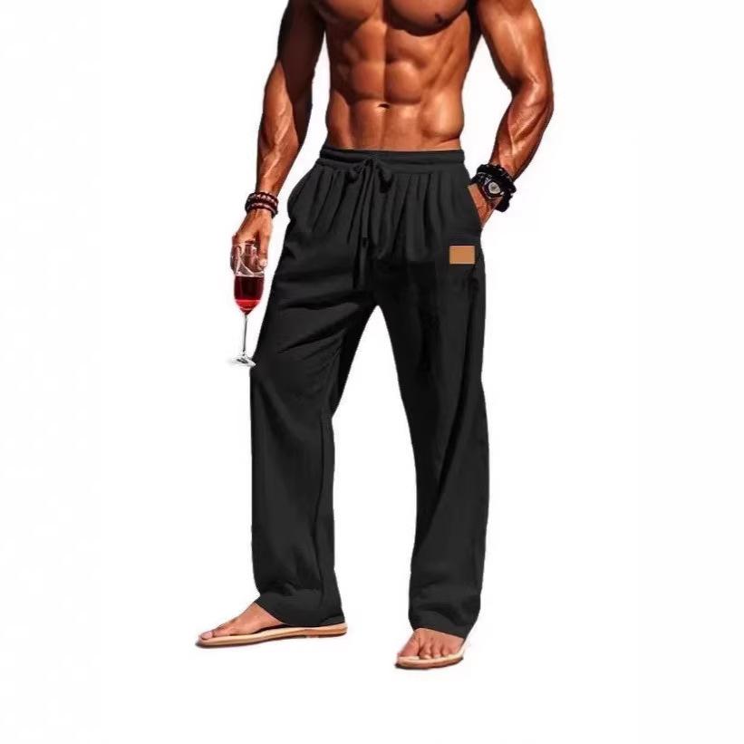 Cotton and linen pants drawstring casual straight pants plain comfortable breathable full length outdoor vacation beach vacation fashion