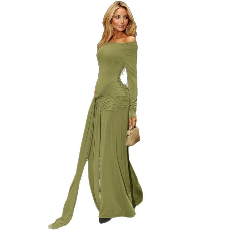 European and American women's clothing autumn new solid color round neck long sleeve long dress hollow strap slim dress women