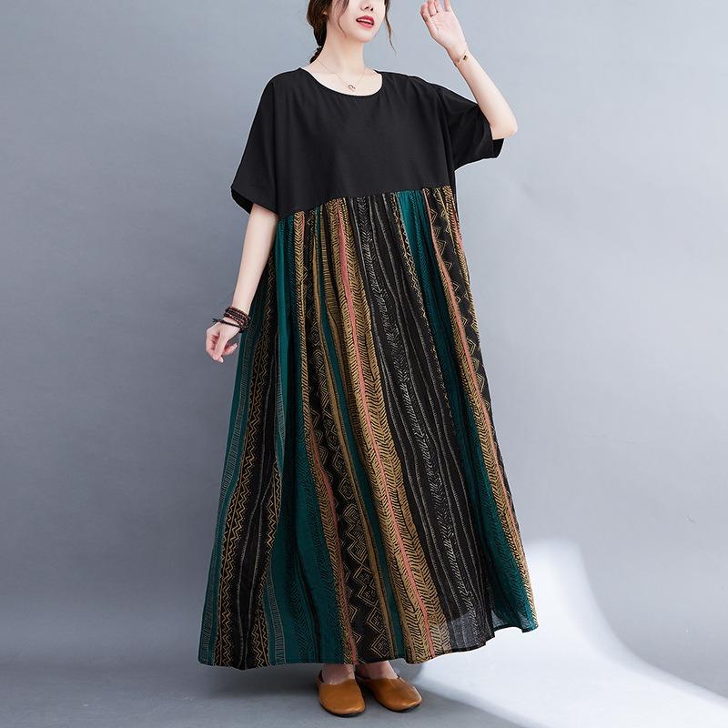 Real shot summer new literary large size loose printing round neck short sleeve dress women's long dress