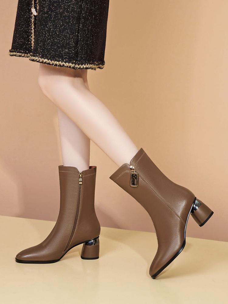 Fashion Black Fleece-Lined Half High Boots for Women Autumn Winter Comfortable and Elegant Boot Waterproof Y2k Work Mid Calf Shoes Woman