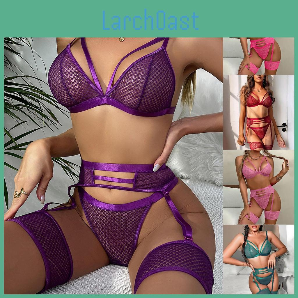 Womens Color Solid Sexy Netted Lace Gathering Threepiece Sexy Suit