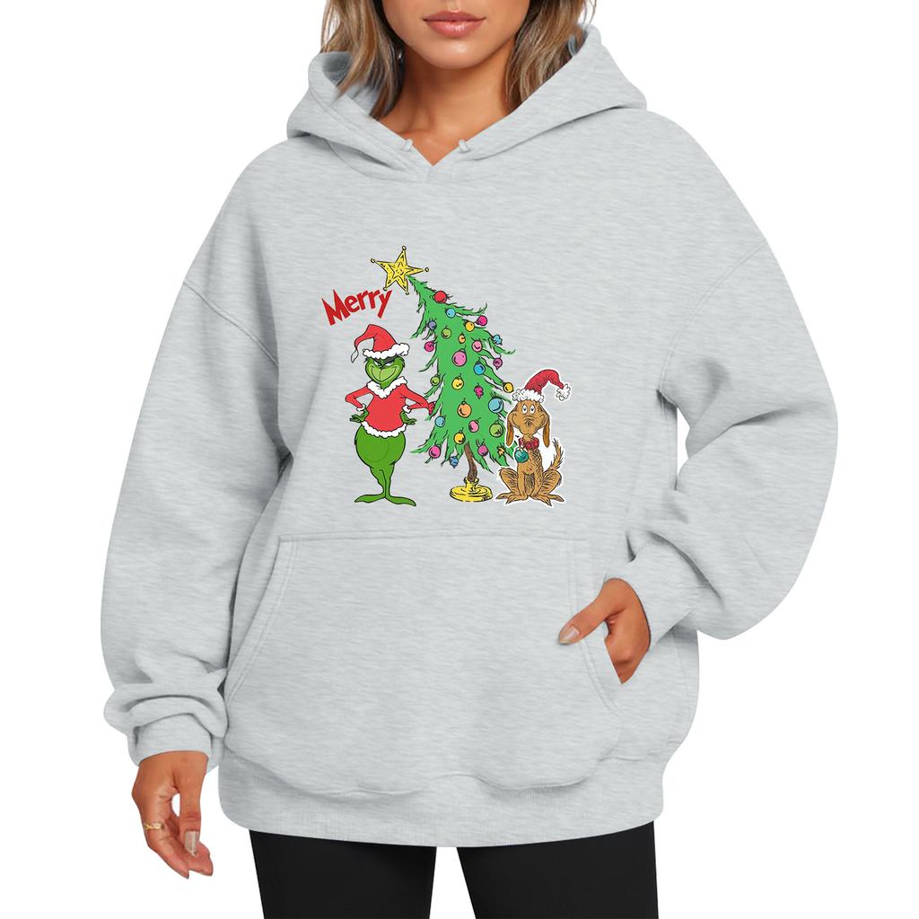 Ladies' Christmas Style Printed Hoodie With Wool And Pockets For Women