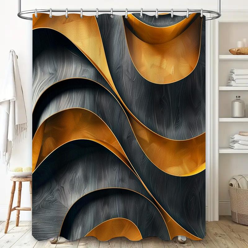 Luxury Modern Black Gold Wave Shower Curtain Set for Bathroom Decor High-Quality Polyester Waterproof Fabric (240cm x 180cm)