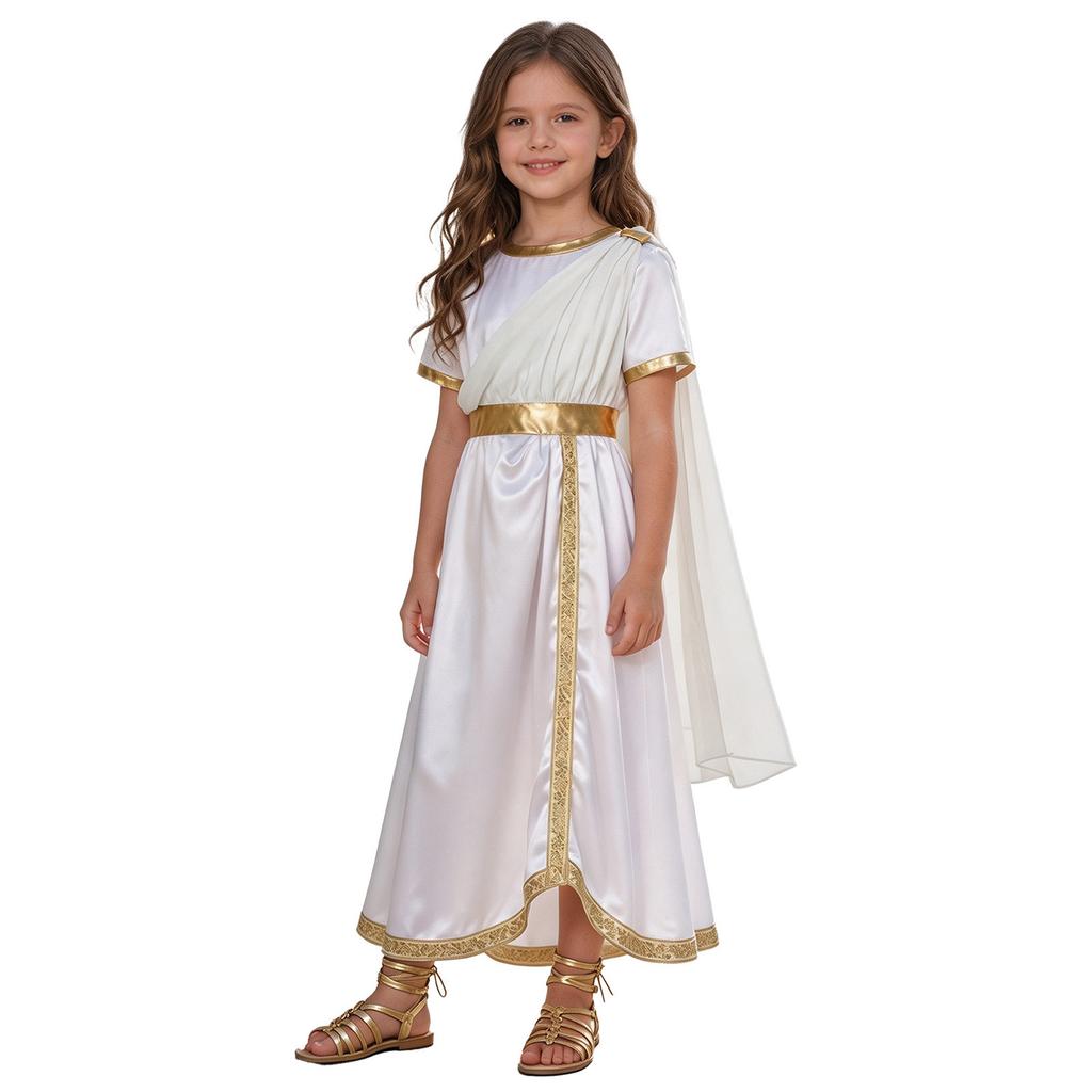 Kids Girls Ancient Greek Toga Costume Draped Shawl Satin Robe Short Sleeve Metallic Waist Embroidered Trim for Halloween Cosplay