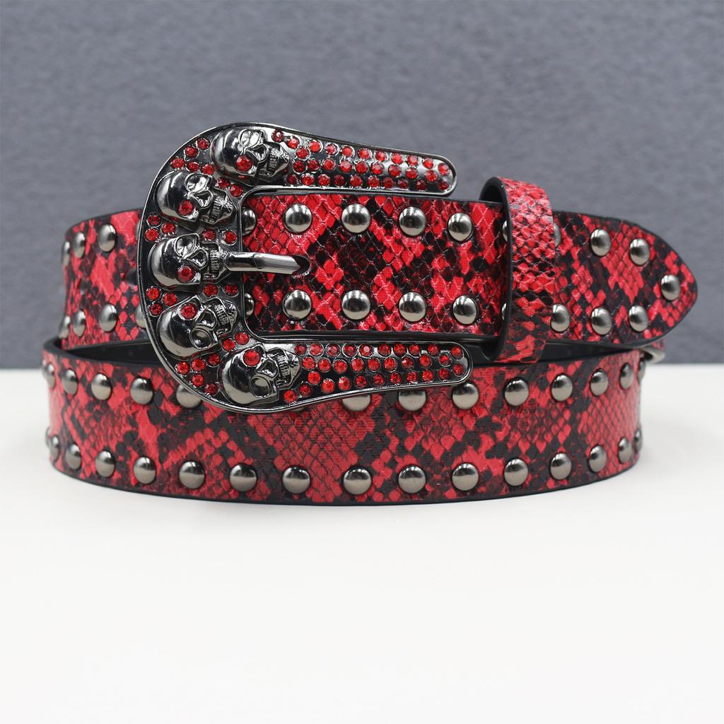 Rhinestone Skull Belt Rivet Punk Decoration Men and Women Belt Abi Decorative Python Pattern Belt