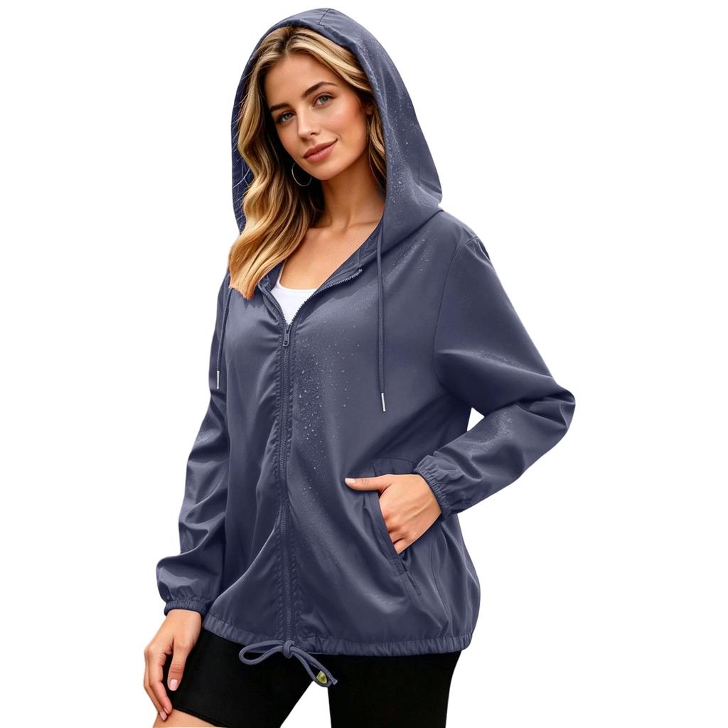 Womens Waterproof Windproof Hooded Jacket Lightweight Zip Up Outdoor Raincoat with Adjustable Drawstring Hem and Elastic Cuffs