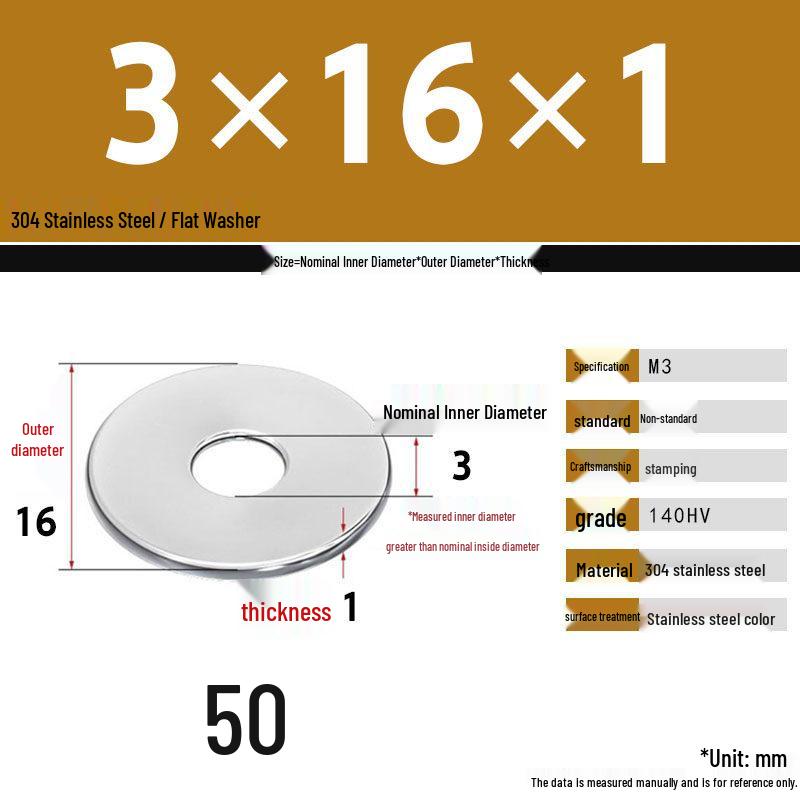 304 Stainless Steel Thickened Flat Washer Set, Sizes 2-36