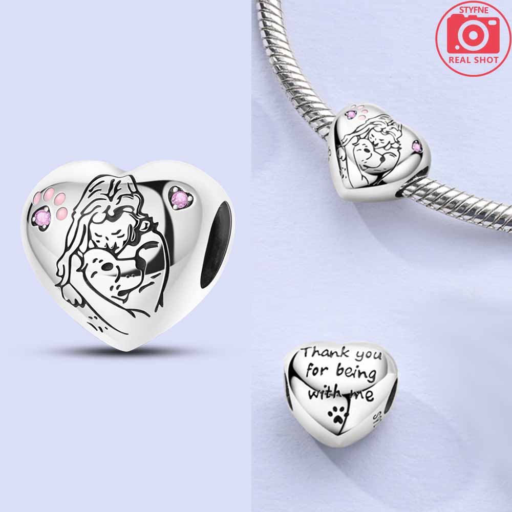 Authentic copper Pink Zircon Hollow Out Heart Engraved Girl with Cat Hug Dog Paws Bead Compatible With Bracelets Jewellery Diy Accessories