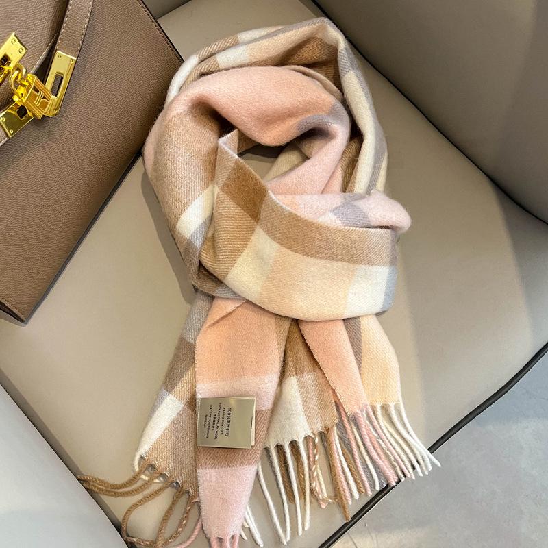 "2024 Luxurious Women's Wool Plaid Scarf - Colorful, Warm, Long with Tassels for Autumn & Winter"
