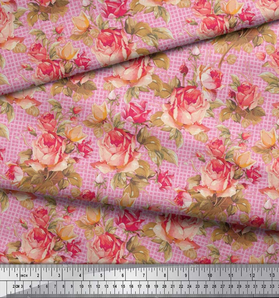 Soimoi Japan Crepe Satin Stoff Sjekk, Blader & Rose Blomstertrykk Sy Stoff meter 42 tommer