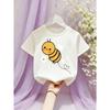 European Sizes Cute Little Bumblebee Girls' T-shirt, Black and White Striped Cartoon Print with Heart-Shaped Polka Dots