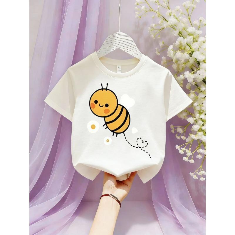 European Sizes Cute Little Bumblebee Girls' T-shirt, Black and White Striped Cartoon Print with Heart-Shaped Polka Dots