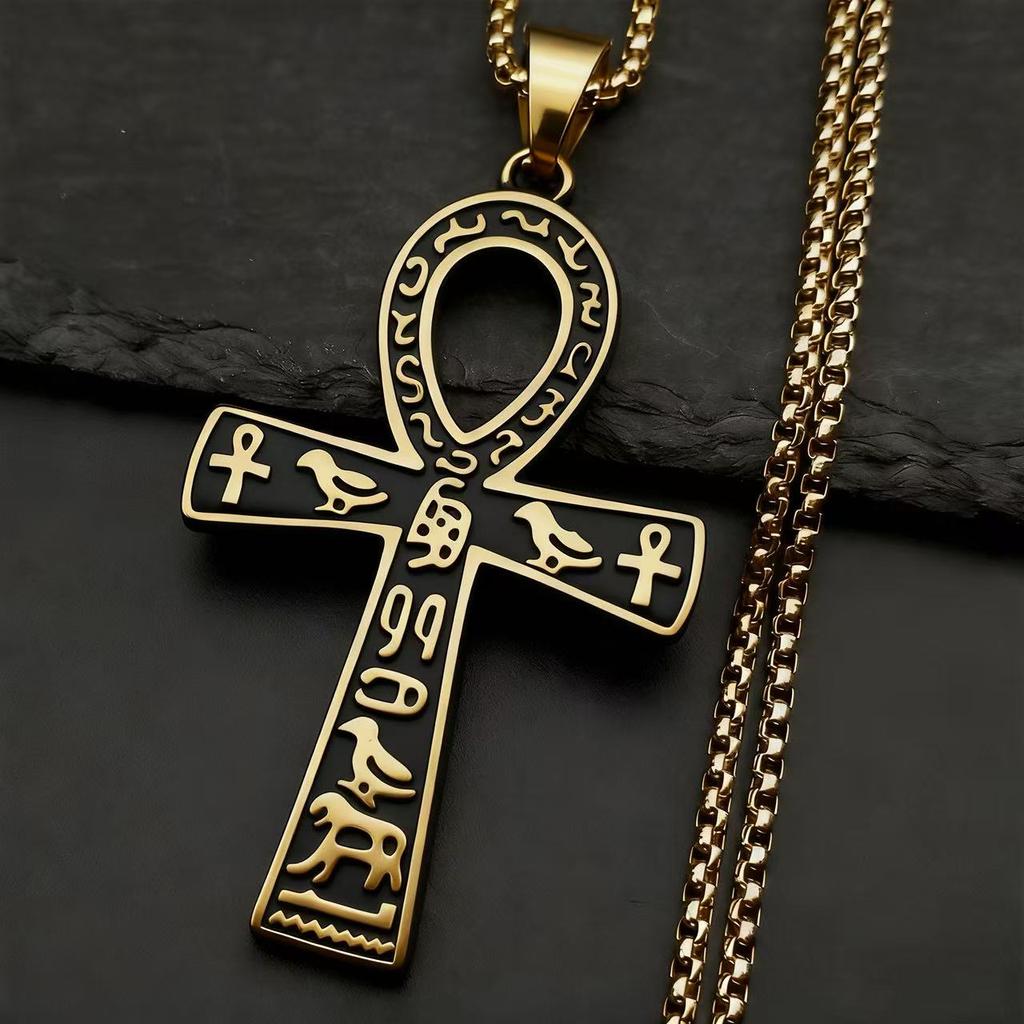 HNSP Pendentif Croix Ankh Égyptienne en Acier Inoxydable Collier Chaîne Vintage Gothique Accessoire