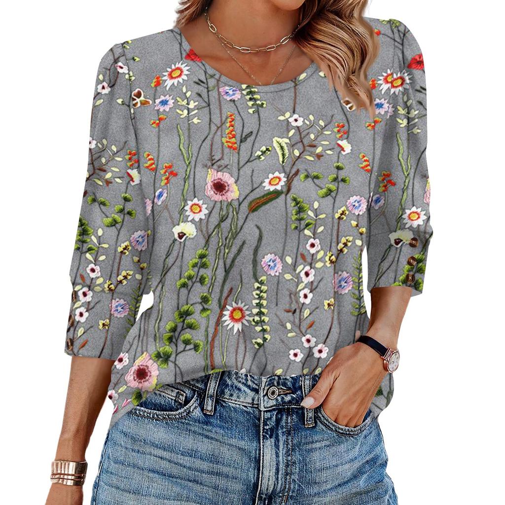 Womens Tops 3/4 Sleeve With Buttons Casual Blouses Summer Outfits Beach Vacation Clothes