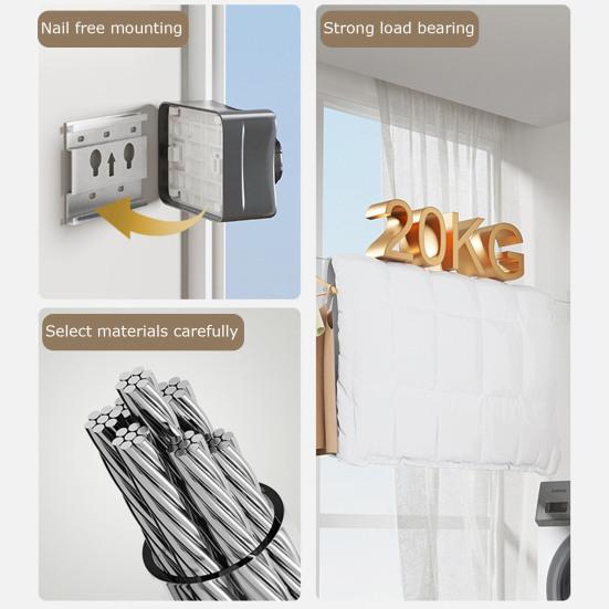 5.1M Wall Mount Retractable Clothesline Adjustable Retracting Invisible Heavy Duty Stainless Steel Wire Indoor Outdoor Balcony Laundry Clothes Drying