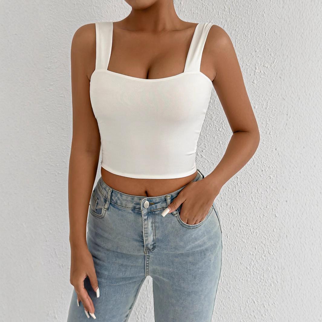 

Трендовая женская мода 2025 Однотонный топ-майка на бретелях-спагетти M белый