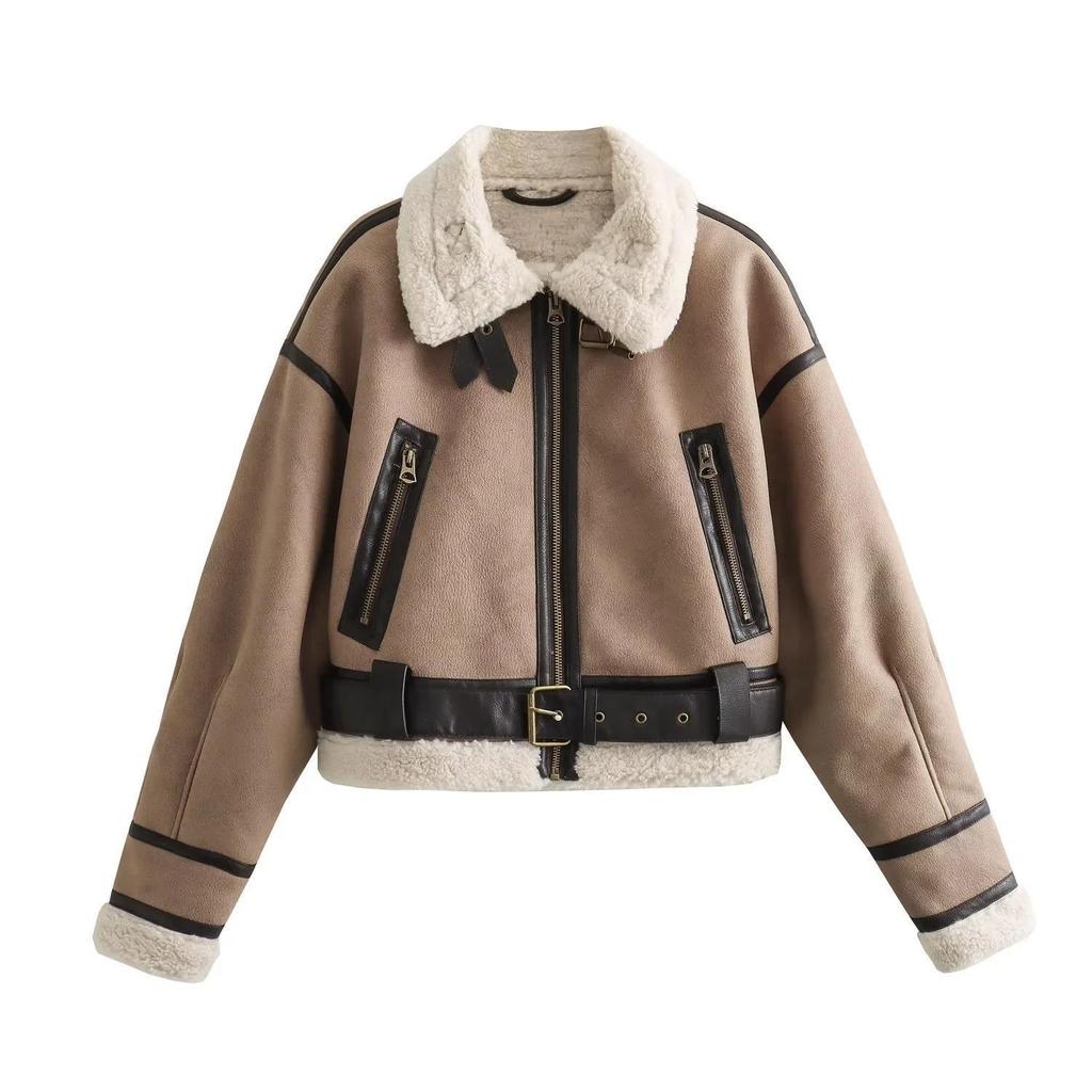 VAYLA Women Retro Loose Spliced Faux Leather Soft Fur Short Jacket Winter Female Zipper Belt Coat Vintage Outwear