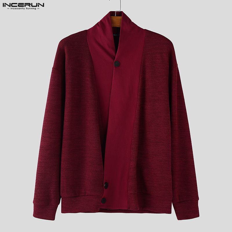 INCERUN Oversized Men V Neck Long Sleeve Front Cross Buttons Rib Casual Loose Cardigan