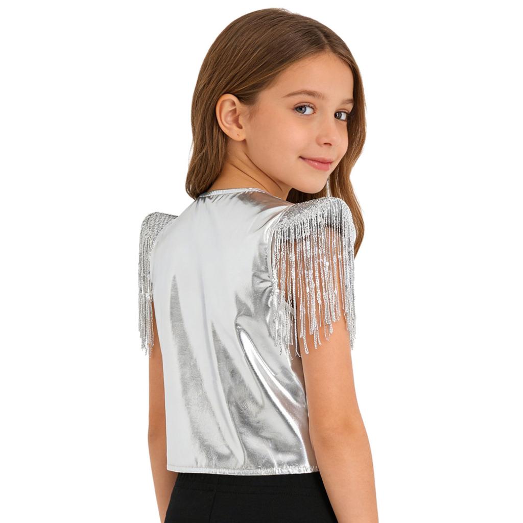 Boys Sequined Patchwork Vest Tassels Cap Sleeves V Neckline Stage Performance Waistcoat