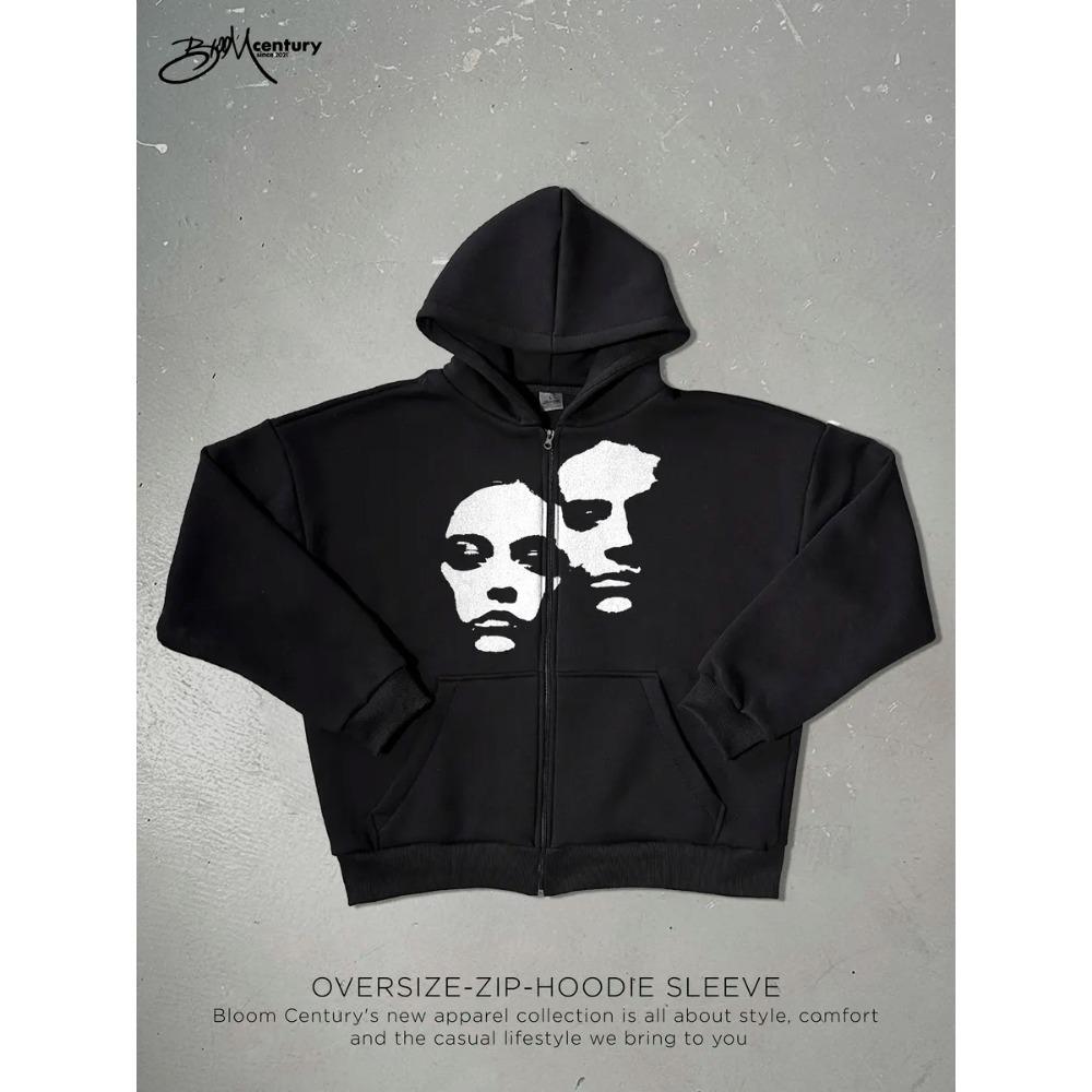 

Spring and Autumn New Loose and Versatile Zipper Hoodie Top American Retro Letter Printed Hoodie for Men S